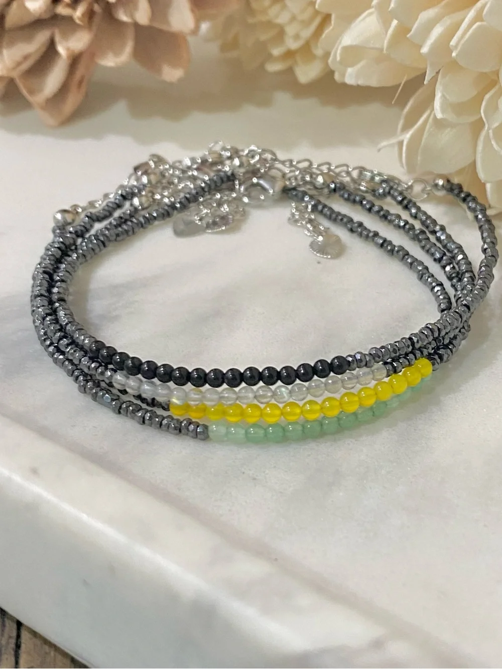 Dainty Chain Bracelet, Tiny Hematite & Labradorite beads, 18k Gold Filled Chain